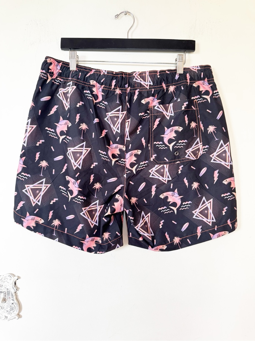 Party Sharks Neon 80s Shark Retro Surf Swim Trunks XL - Picture 5 of 7